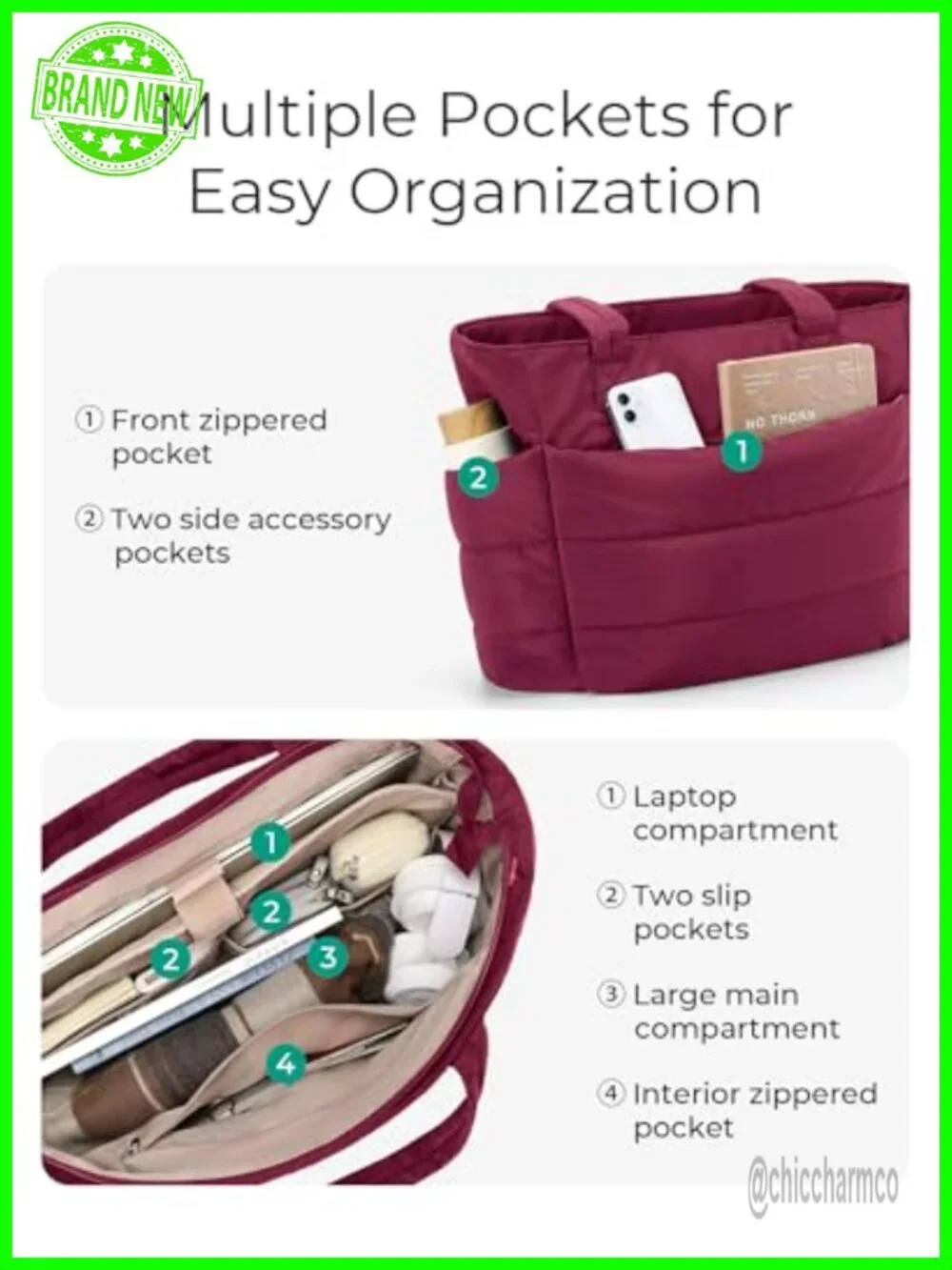 Puffy Tote Bag for Women Lightweight Laptop Work Bag Quilted Shoulder Handbag